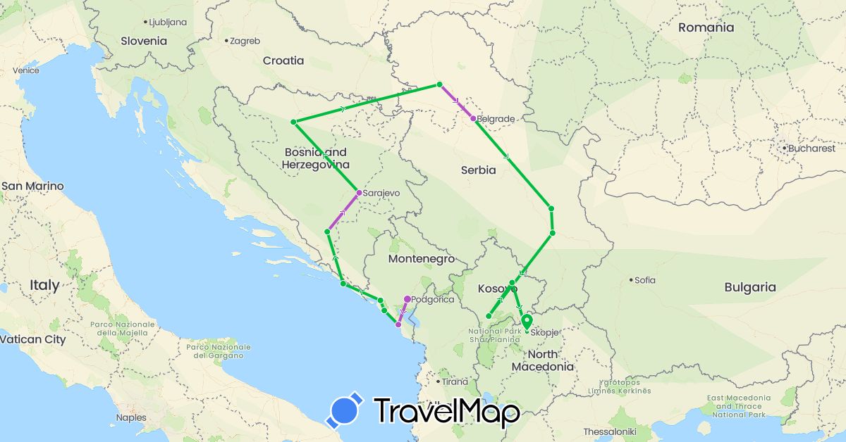 TravelMap itinerary: driving, bus, train in Bosnia and Herzegovina, Croatia, Montenegro, Macedonia, Serbia, Kosovo (Europe)